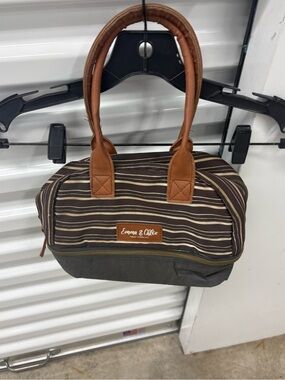 Emma & Chloe Striped Zip Satchel Top Handle Lunchag in Brown Gray Women's